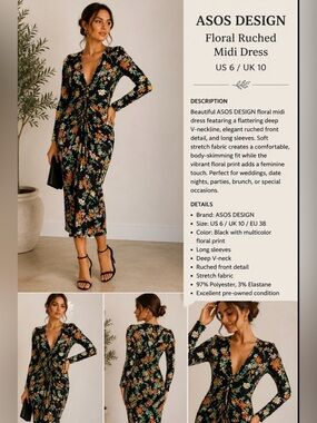 ASOS DESIGN Floral Ruched Long Sleeve Midi Dress US 6 UK 10